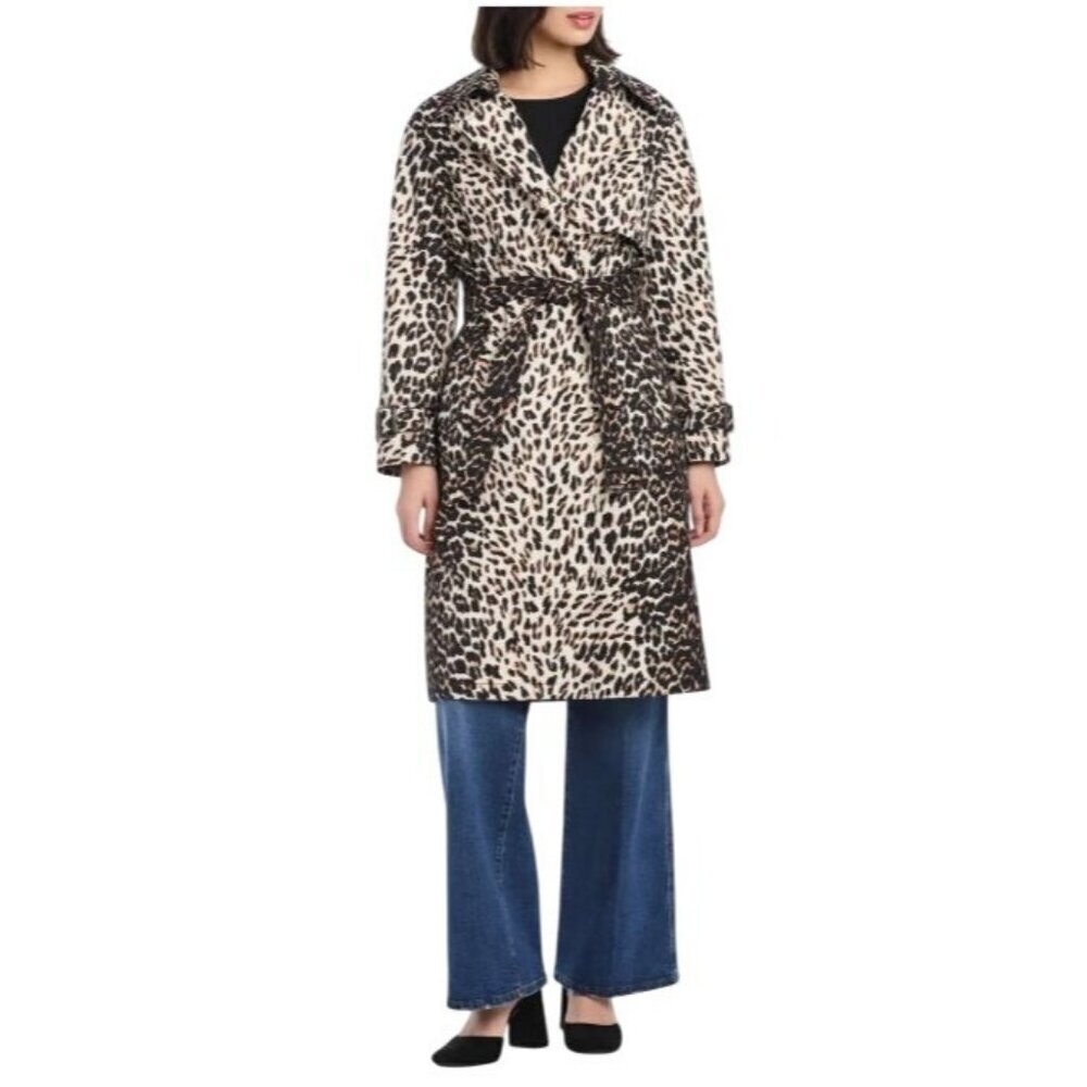 Kate Spade Womens Black Tan Leopard Belted Double Breasted Trench Coat Sz M New
